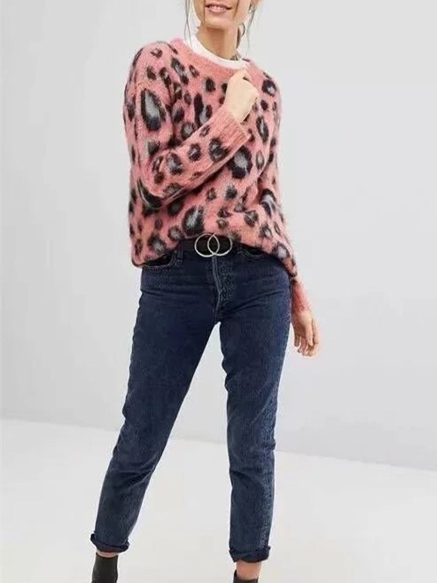 Pink Leopard Print Style Long Sleeve Woman Sweater