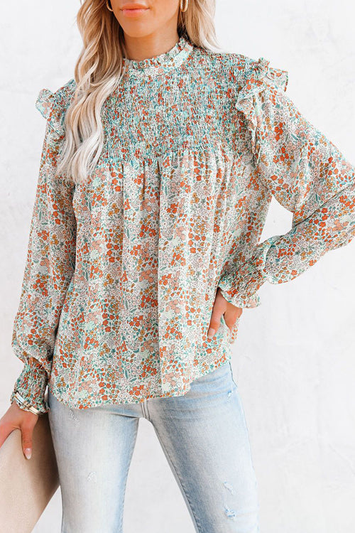 Evermore Floral Print Smocked Ruffle Top