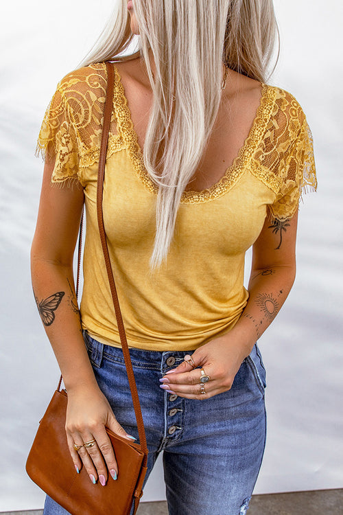 Summer Shoulder Be Fun Yellow Lace Short Sleeve Tee