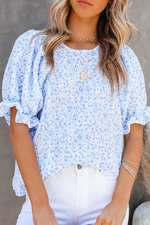 Floral Print Babydoll Puff Sleeve Blouse Top