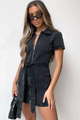 Trending Topic Zip Short Sleeve Denim Mini Dress