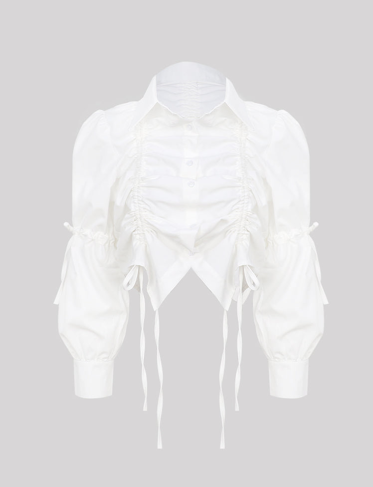 Ruched Strapped Drawstring Summer White Crop Blouse