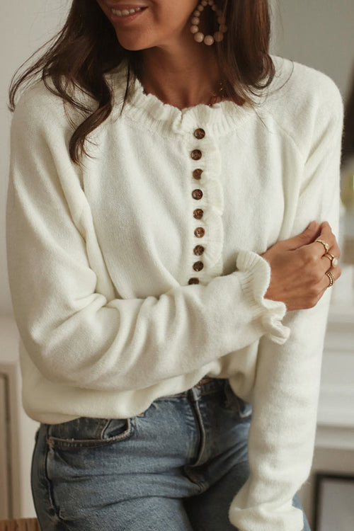 Simply Amazing Button Down Ruffled Knit Sweater