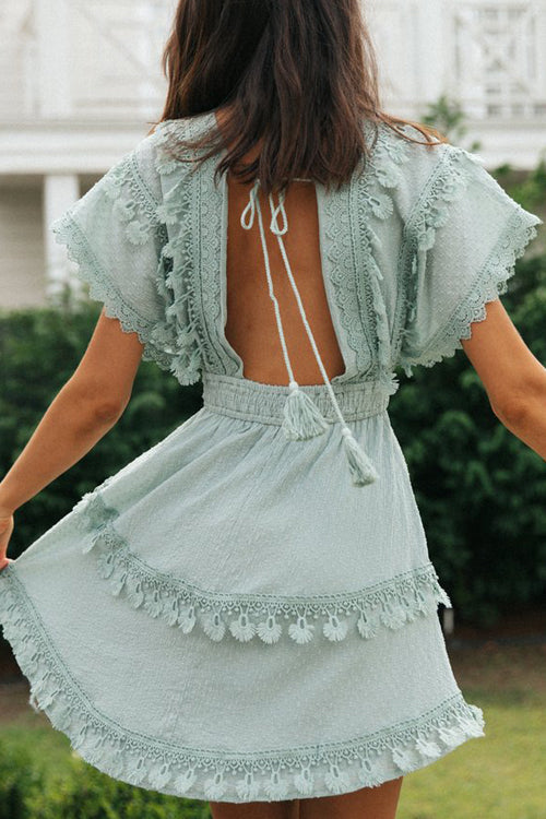 Everyday Adorable Lace Backless Short Sleeve Mini Dress