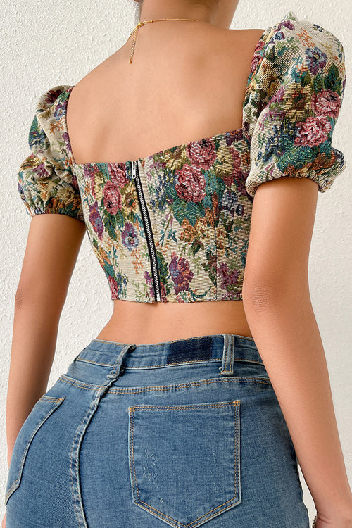 Vintage Floral Embroidered Puff Sleeve Crop Top