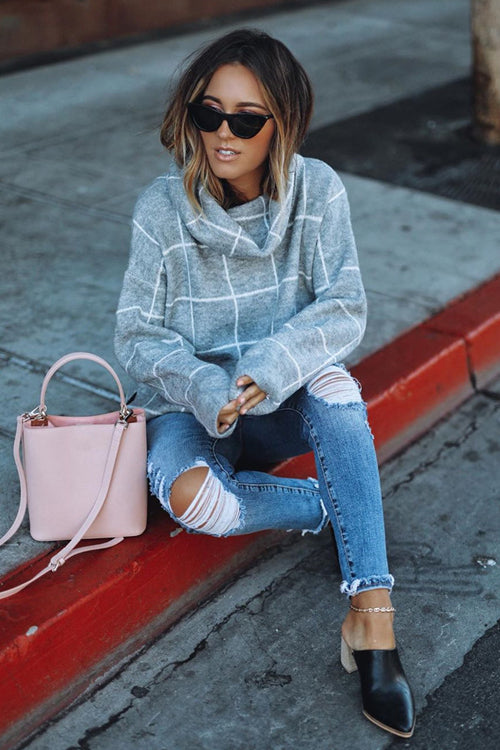 Cozy Moments TurtleNeck Check Knit Sweater