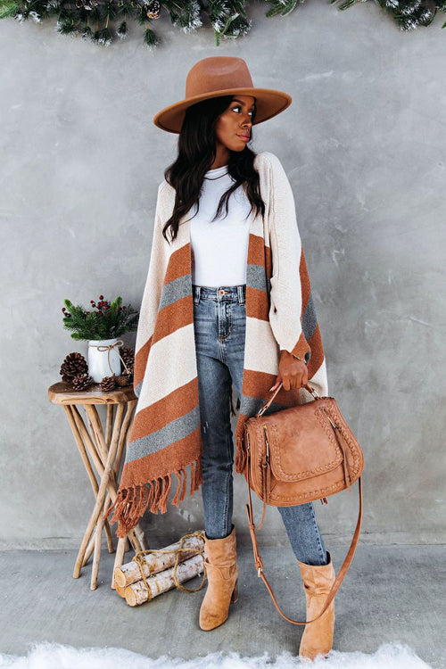 Weekend Chiller Striped Tassel Knit Cardigan