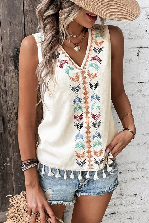 Just Be You Boho Embroidered Tassel Sleeveless Top