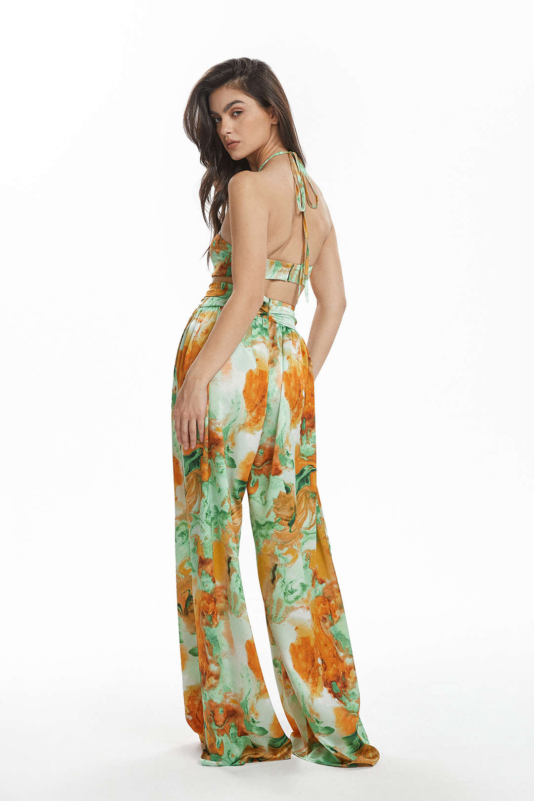 Abstract Print Halter Neck Satin Wide Leg Jumpsuit