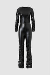 Faux Leather Ruched Detail Long Sleeve Top And Drawstring Pants Set