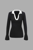 Contrast Open Collar Knit Top