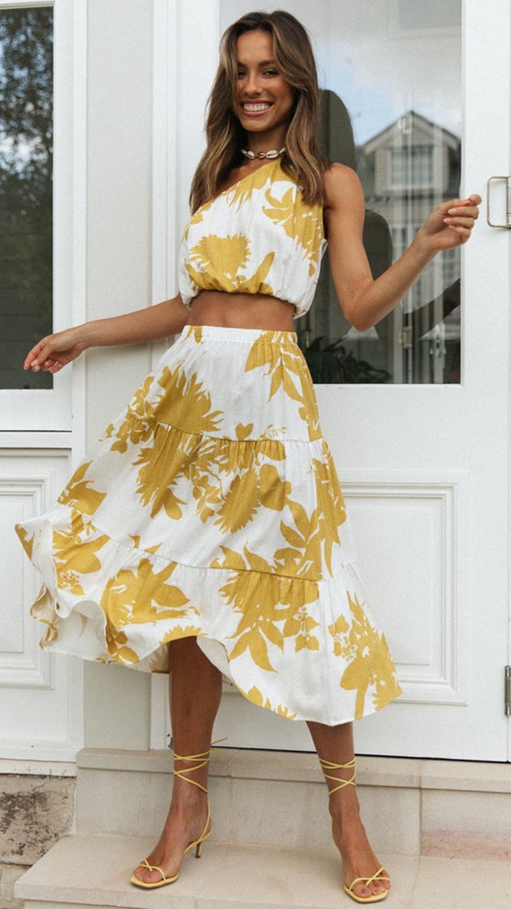 Yellow Floral Top and Skirt Matching Sets
