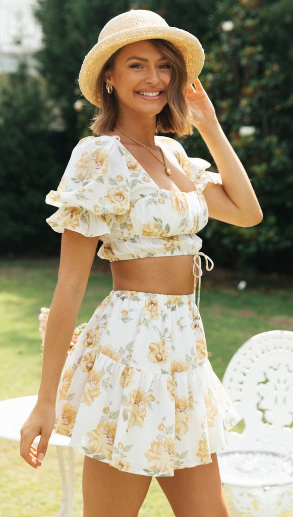 Yellow Floral Crop Top and Skirt Sets