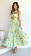 Yellow Floral Halter Top Maxi Skirt Sets