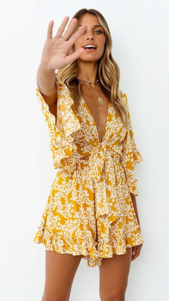 Yellow Floral Front Knot Romper