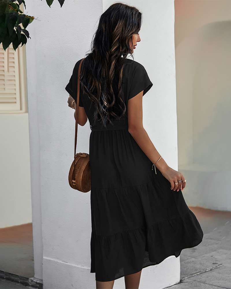 Pure Casual Round neck Short sleeve Lacing Skater Dresses