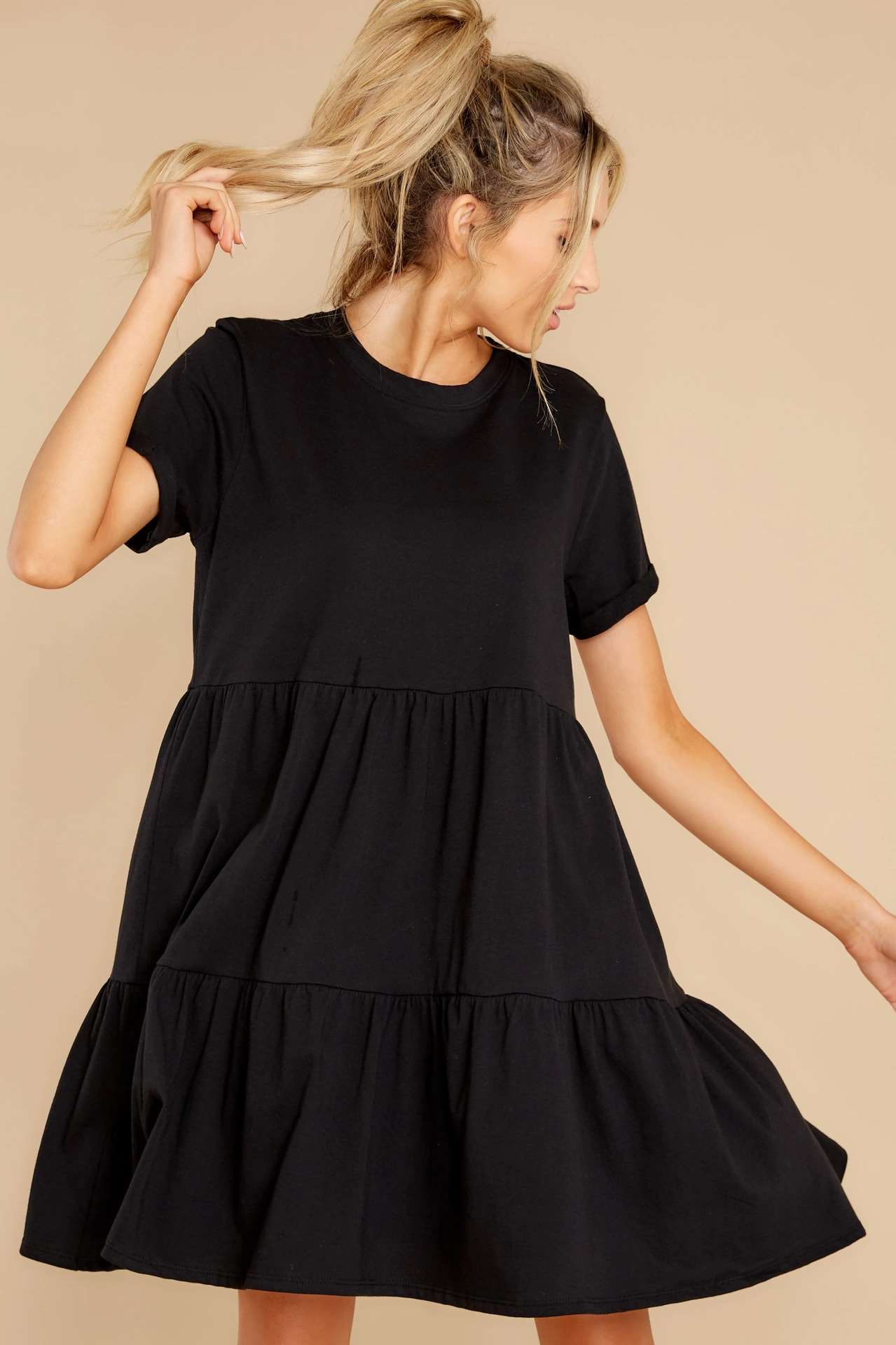 Pure Casual Round neck Gored Short sleeve Shift Dresses