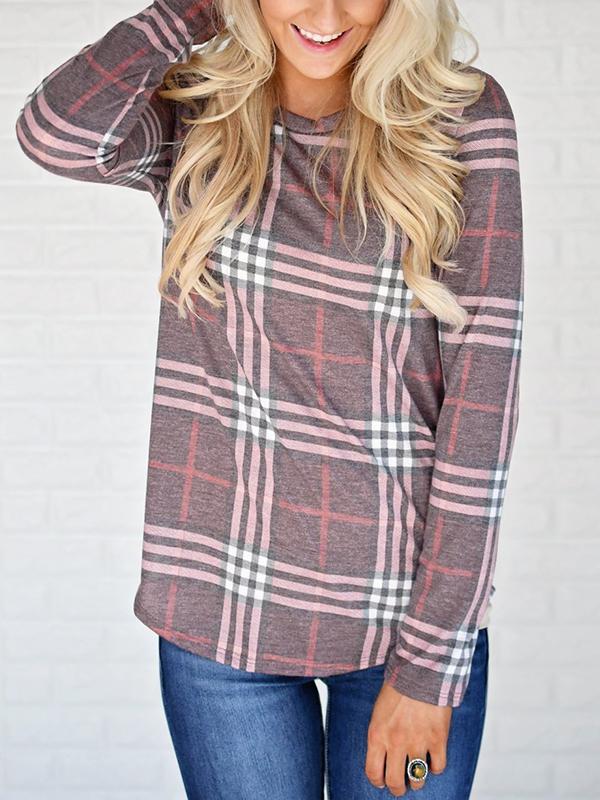 Plain Round Neck Long Sleeve Grid Casual T-Shirts
