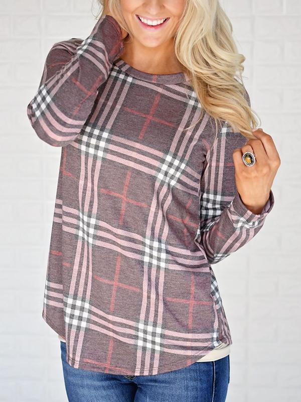 Plain Round Neck Long Sleeve Grid Casual T-Shirts