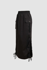 Elastic Drawstring Slit Cargo Skirt