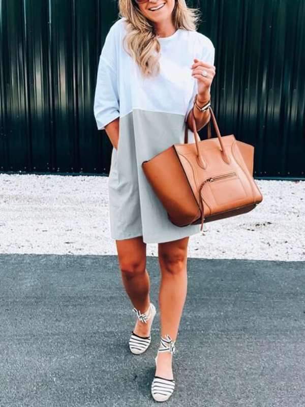 Patchwork Half Sleeve Casual Loose Women Shift Dresses