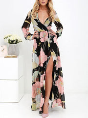 Pretty Side Split Floral Printed V Neck Long Sleeves Maxi Dress