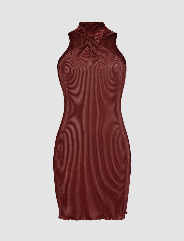 Ribbed Solid Color Knotted Dress