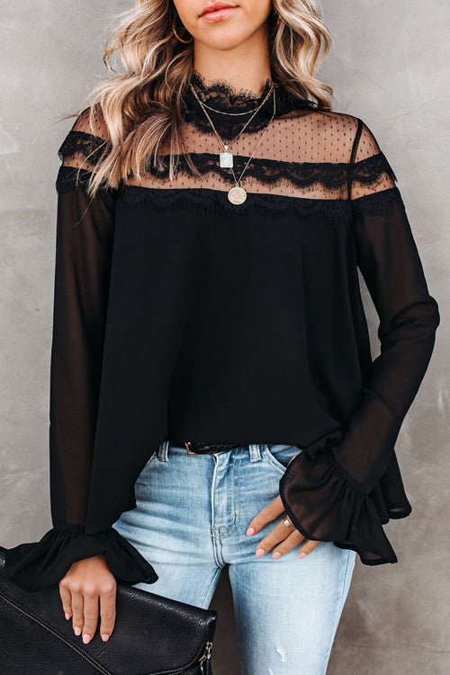 Cozy Fantasy Black Lace Dotted Long Sleeve Top
