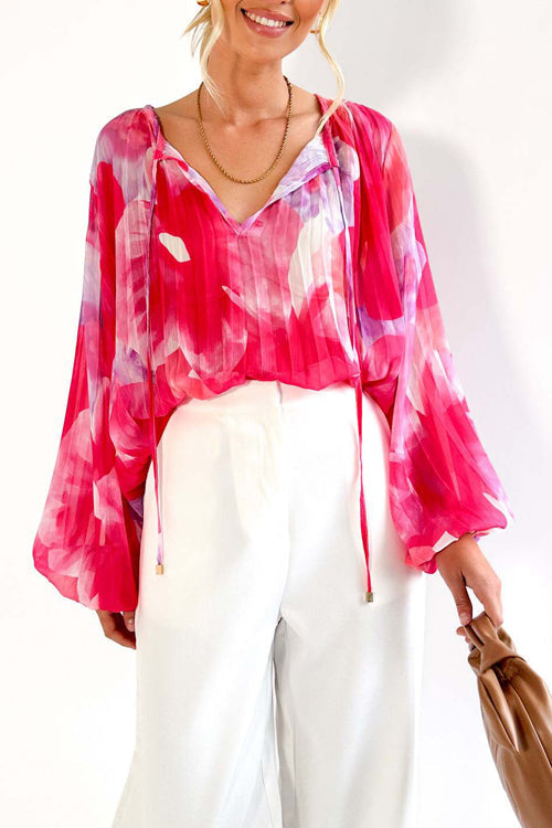 Time To Celebrate Print Pleated Long Sleeve Top