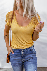 Summer Shoulder Be Fun Yellow Lace Short Sleeve Tee