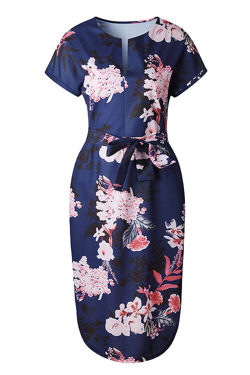 Split-neck Floral Print Midi Dress