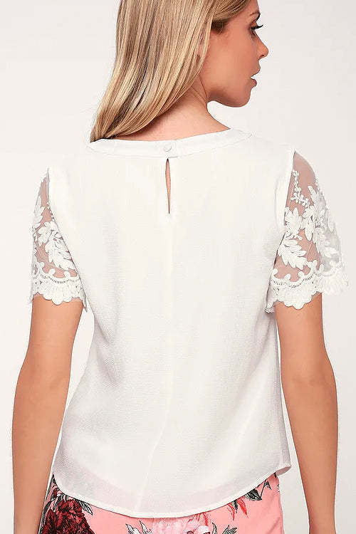 Try To Keep Up Lace Embroidered Short Sleeve Top