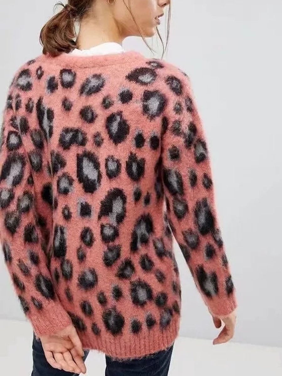 Pink Leopard Print Style Long Sleeve Woman Sweater