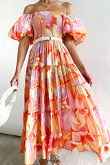Darling Daylily Floral Print Off Shoulder Smocked Maxi Dress