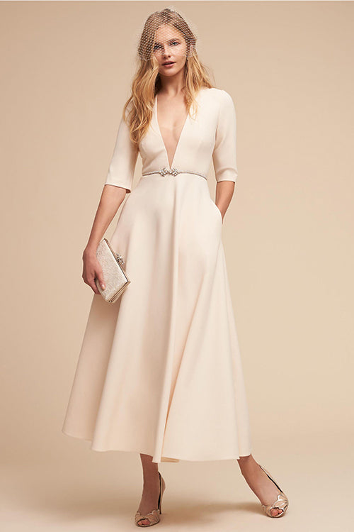 Pure White V-neck Fit&Flare Midi Dress