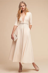 Pure White V-neck Fit&Flare Midi Dress