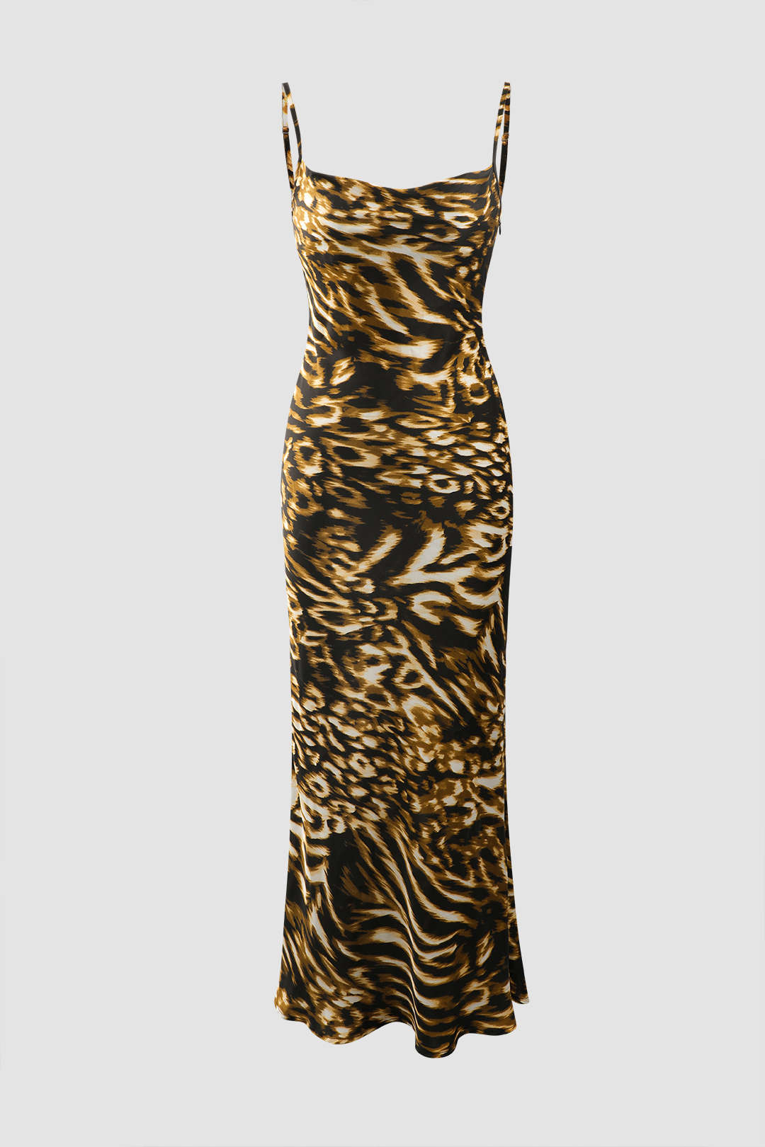 Abstract Print Satin Cowl Neck Backless Midi Dress