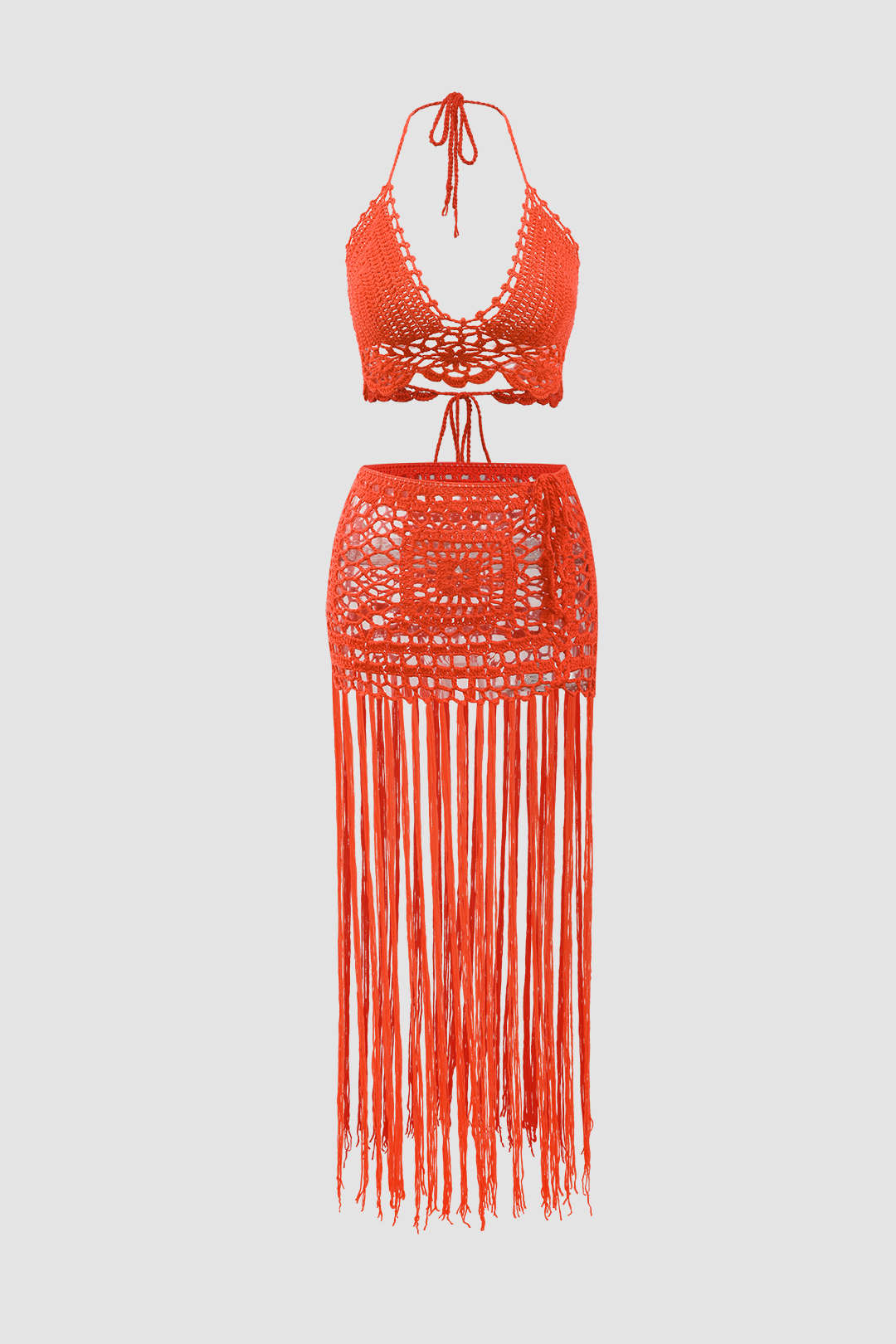 Crochet Knit Halter Cami And Fringe Cover Up Skirt Set