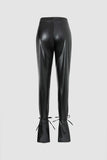 Faux Leather Slit And Tie Ankle Pants