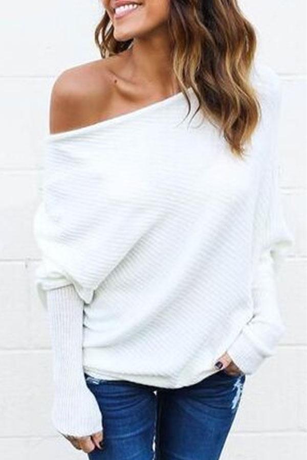 Open Shoulder Plain Batwing Sleeve Sweaters