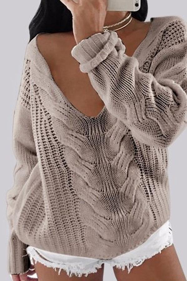 Plain V-Neck Long Sleeves Causal Loose Sweater