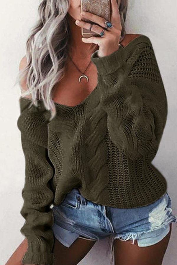 Plain V-Neck Long Sleeves Causal Loose Sweater