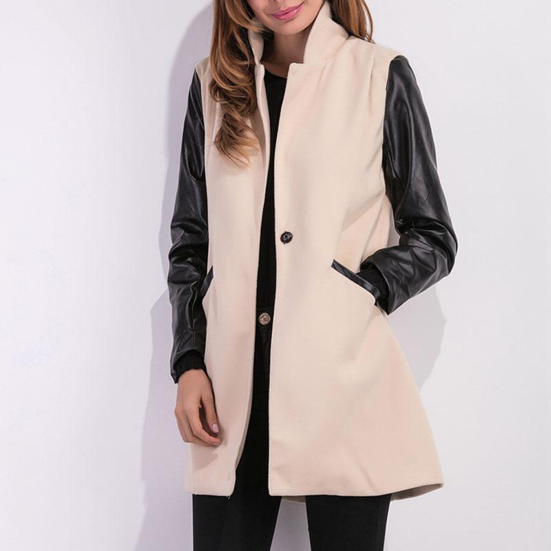 PU Leather Sleeves Woolen Jacket Coat Outwear