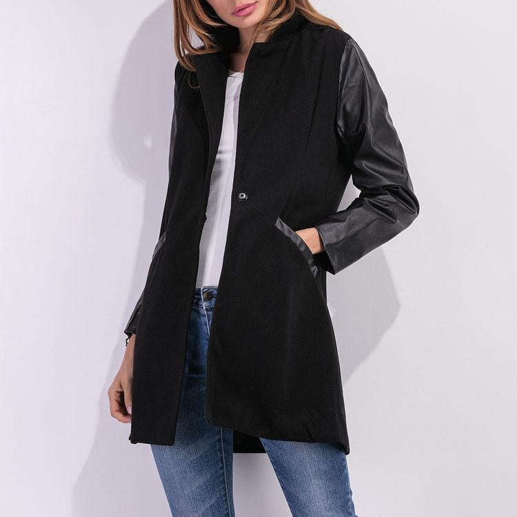 PU Leather Sleeves Woolen Jacket Coat Outwear