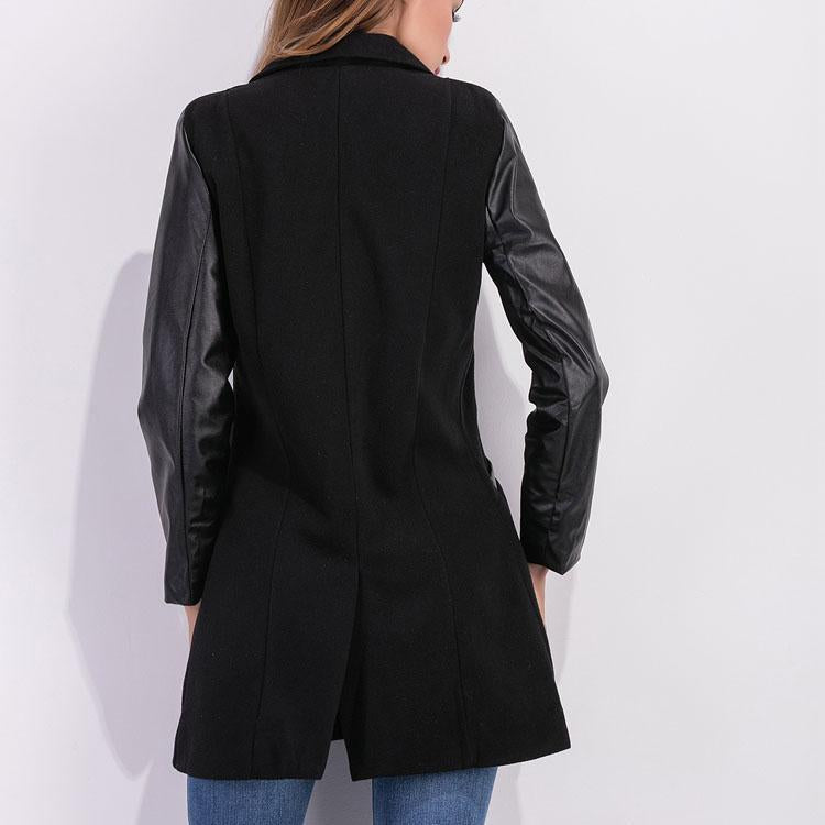 PU Leather Sleeves Woolen Jacket Coat Outwear