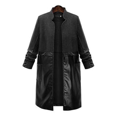 PU Leather Woolen Coat Stitching Outwear