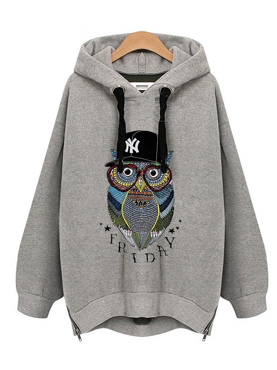 Oversized Owl Printed Zips Hoodie