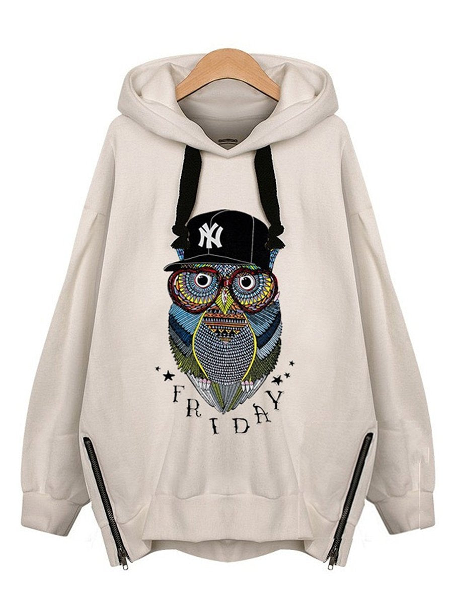 Oversized Owl Printed Zips Hoodie
