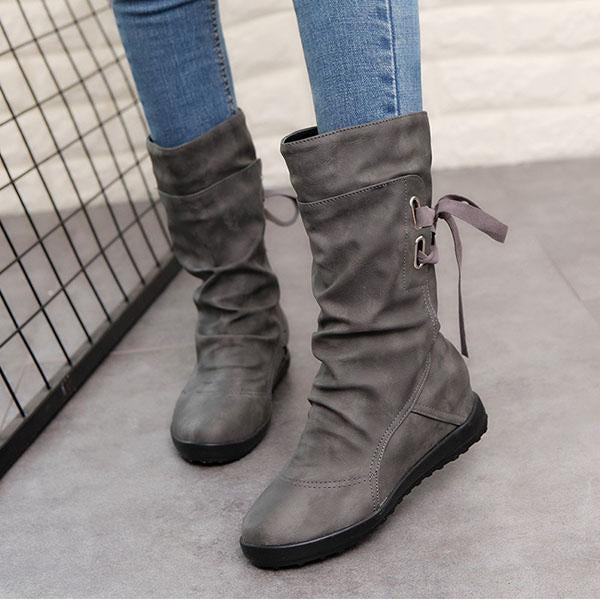 Plain  Invisible  High Heeled  Velvet  Round Toe  Casual  Mid Calf Flat Boots