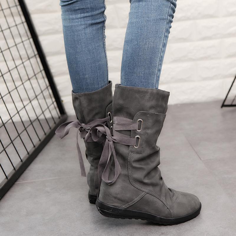 Plain  Invisible  High Heeled  Velvet  Round Toe  Casual  Mid Calf Flat Boots